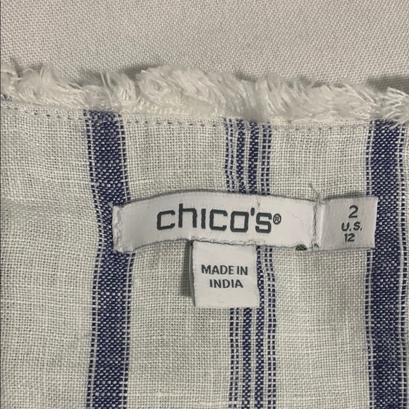 Chico’s Stripe Linen Blend Open Frayed Edge No Collar Blazer Jacket  Size 12 - Picture 3 of 7